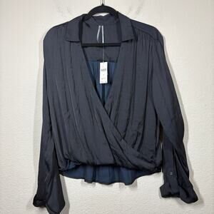 By Anthropologie Small Draped Crossover Roll Tab Sleeves Top Blouse Black